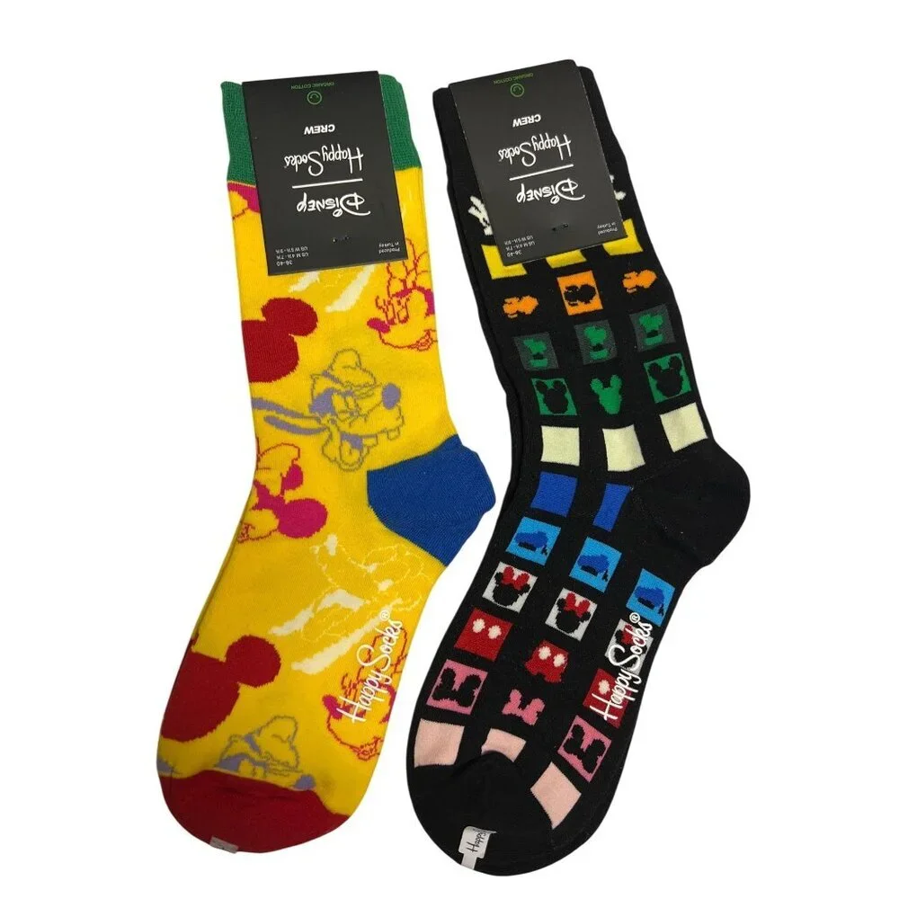 Happy Socks Disney Crew Mickey Minnie Mouse Goofy Black Yellow 2 Pair NEW